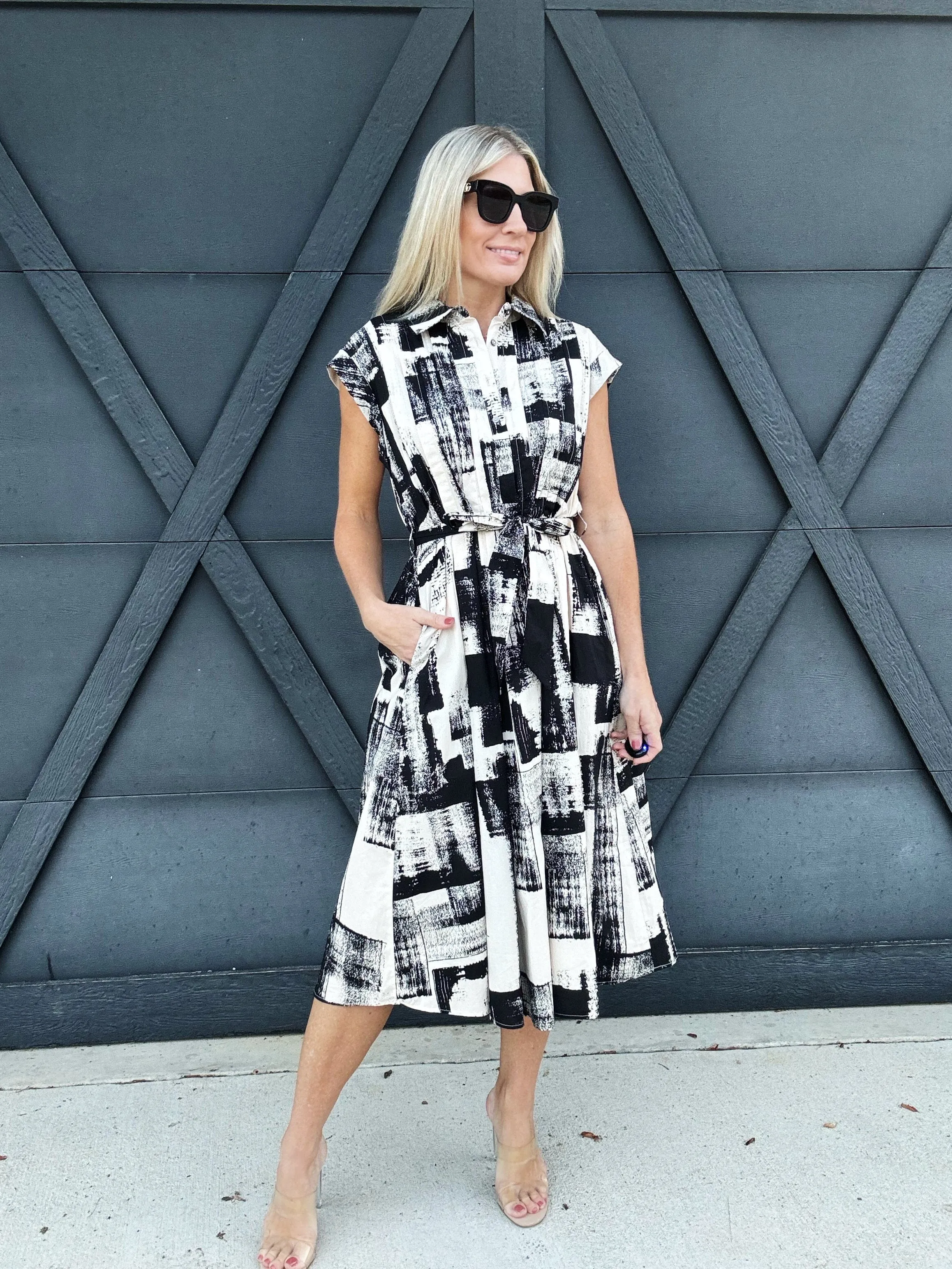 Abstract Print Midi Dress In Cream Black