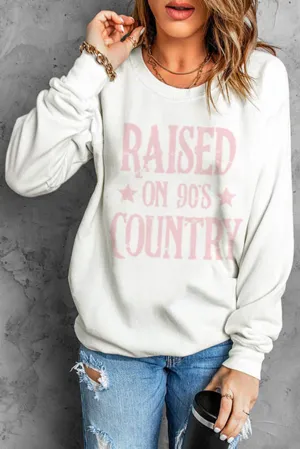 Beige RAISED ON 90'S COUNTRY Print Pullover Sweatshirt