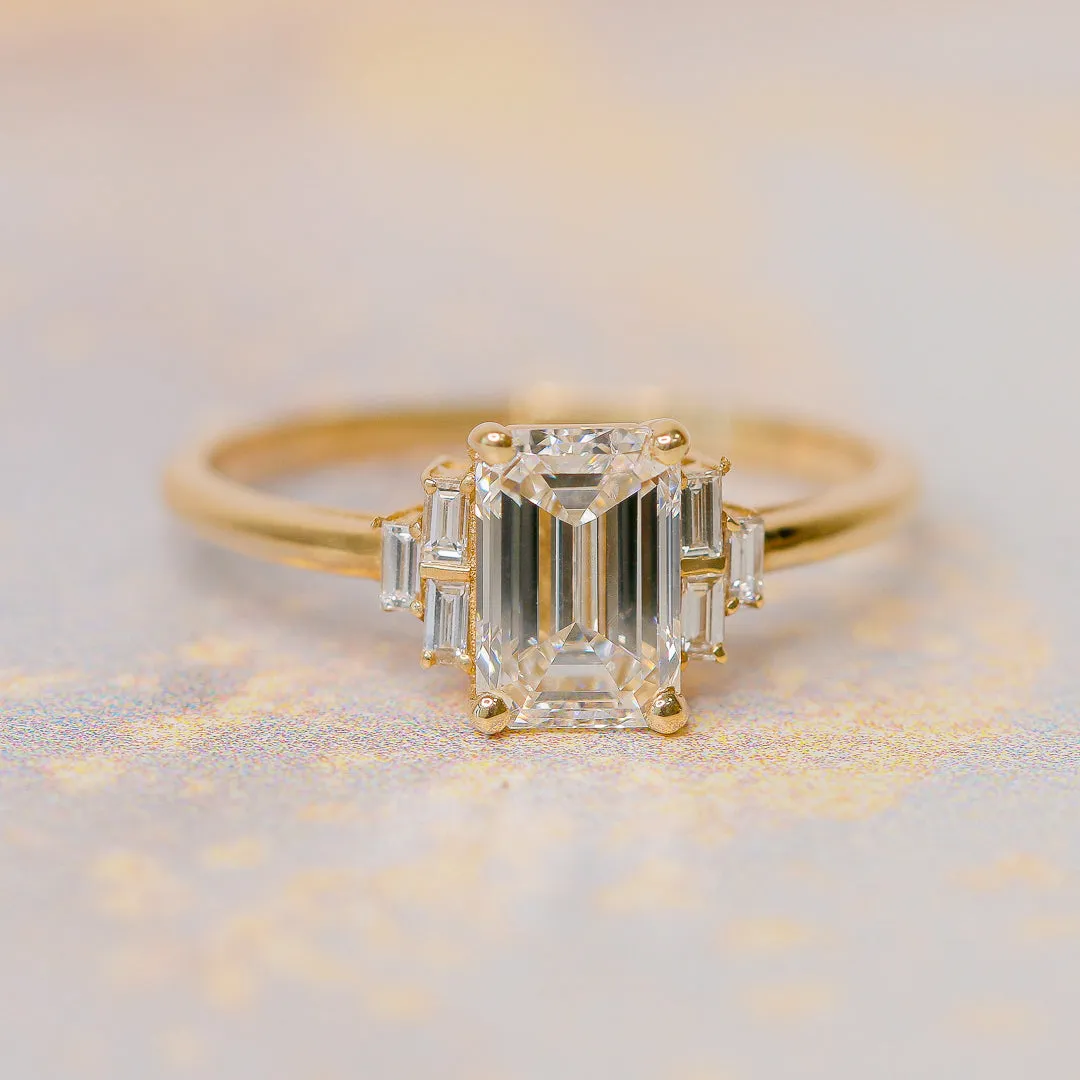 Bright Sky - 1 Carat Natural Emerald & Baguette Cut Diamond Engagement Ring