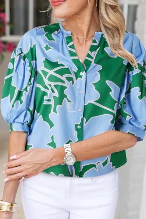 Green Abstract Print 3/4 Bubble Sleeve V Neck Shirt
