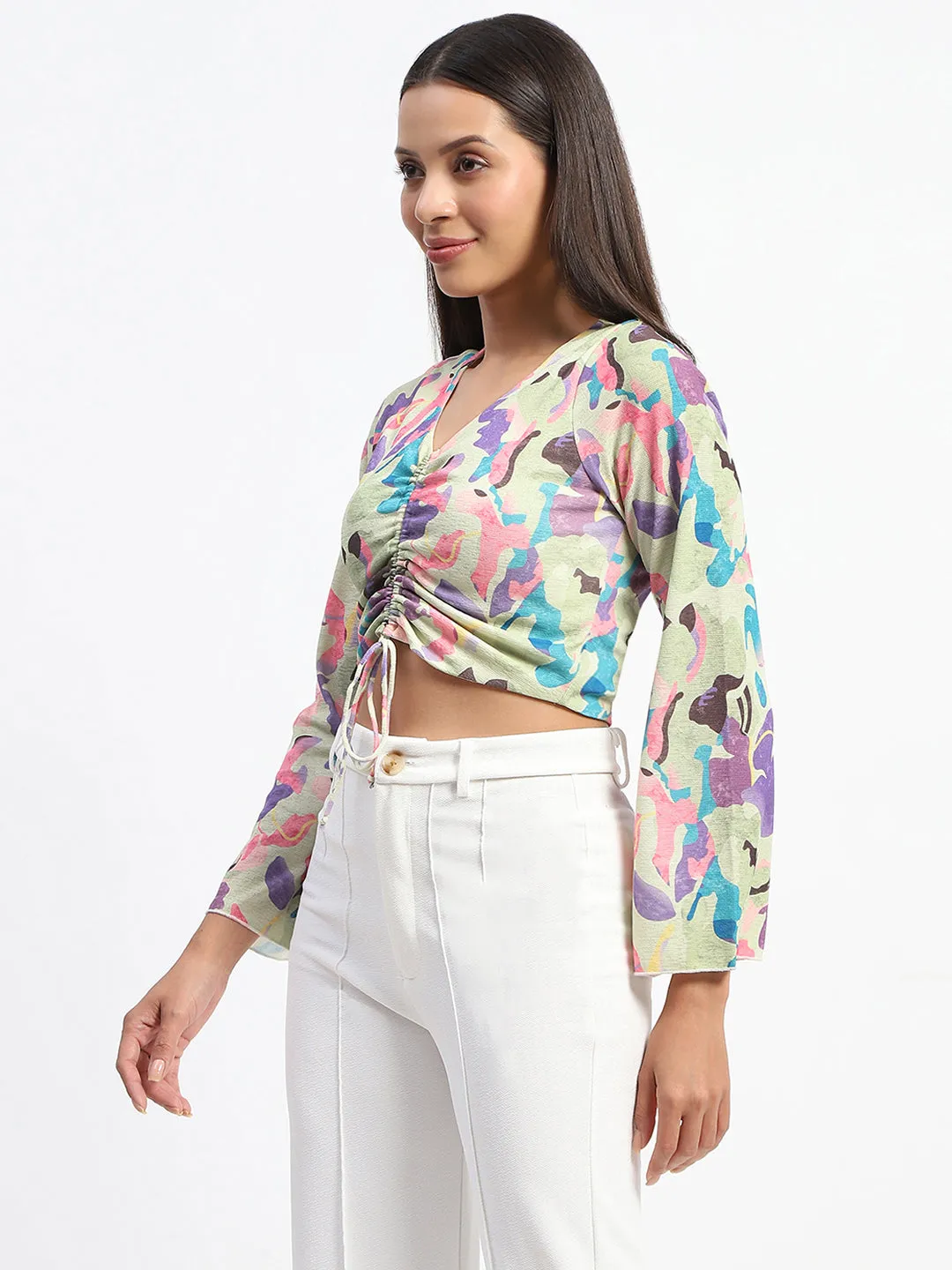 Madame Abstract Print Ruched Green Crop Top