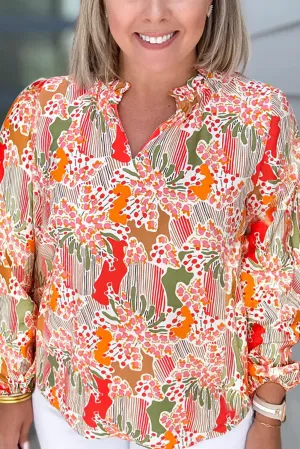 Orange Printed Floral Abstract Print Frilled V Neck Plus Size Blouse