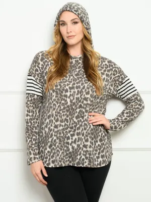 PLUS SIZE LONG SLEEVE ANIMAL PRINT HOODIE TOP