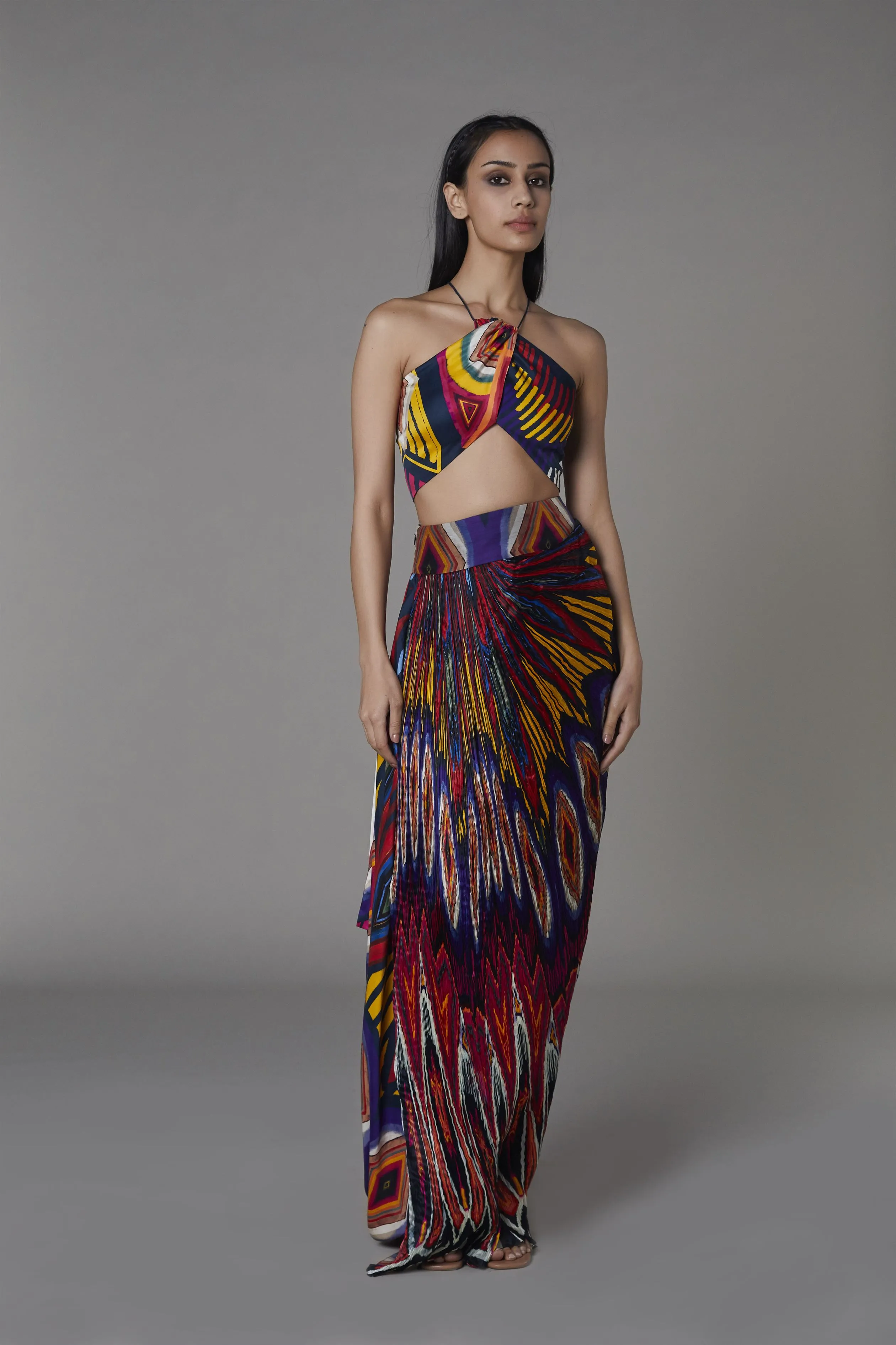 Saaksha & KinniÂ    I   Afghani mix booti bralette  Afghani dhoti skirt   Bralette - Satin Twill  Skirt - Satin / Chiffon Multi  SS22045    SS22046