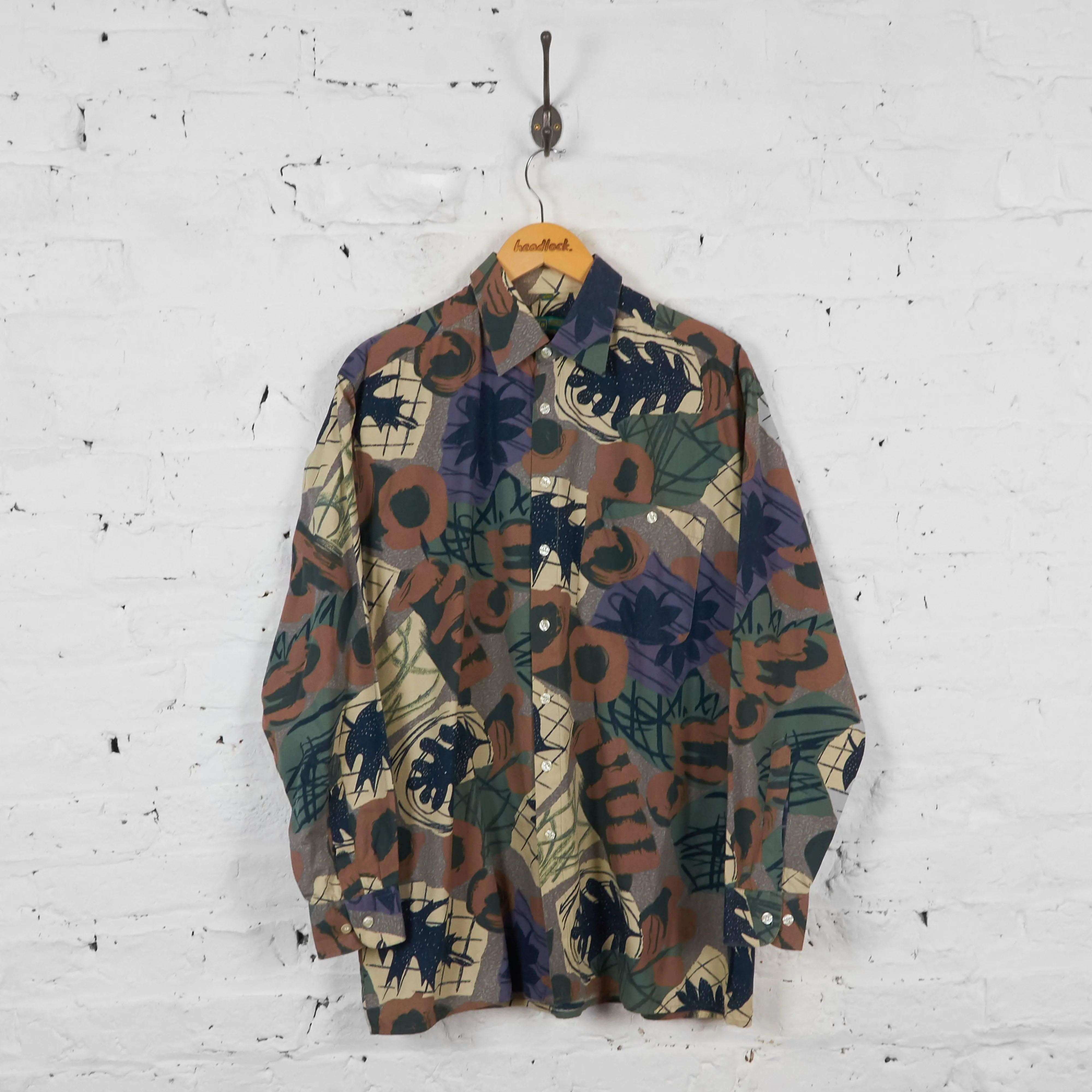 Vintage Woodland Abstract Patterned Shirt - Green - L