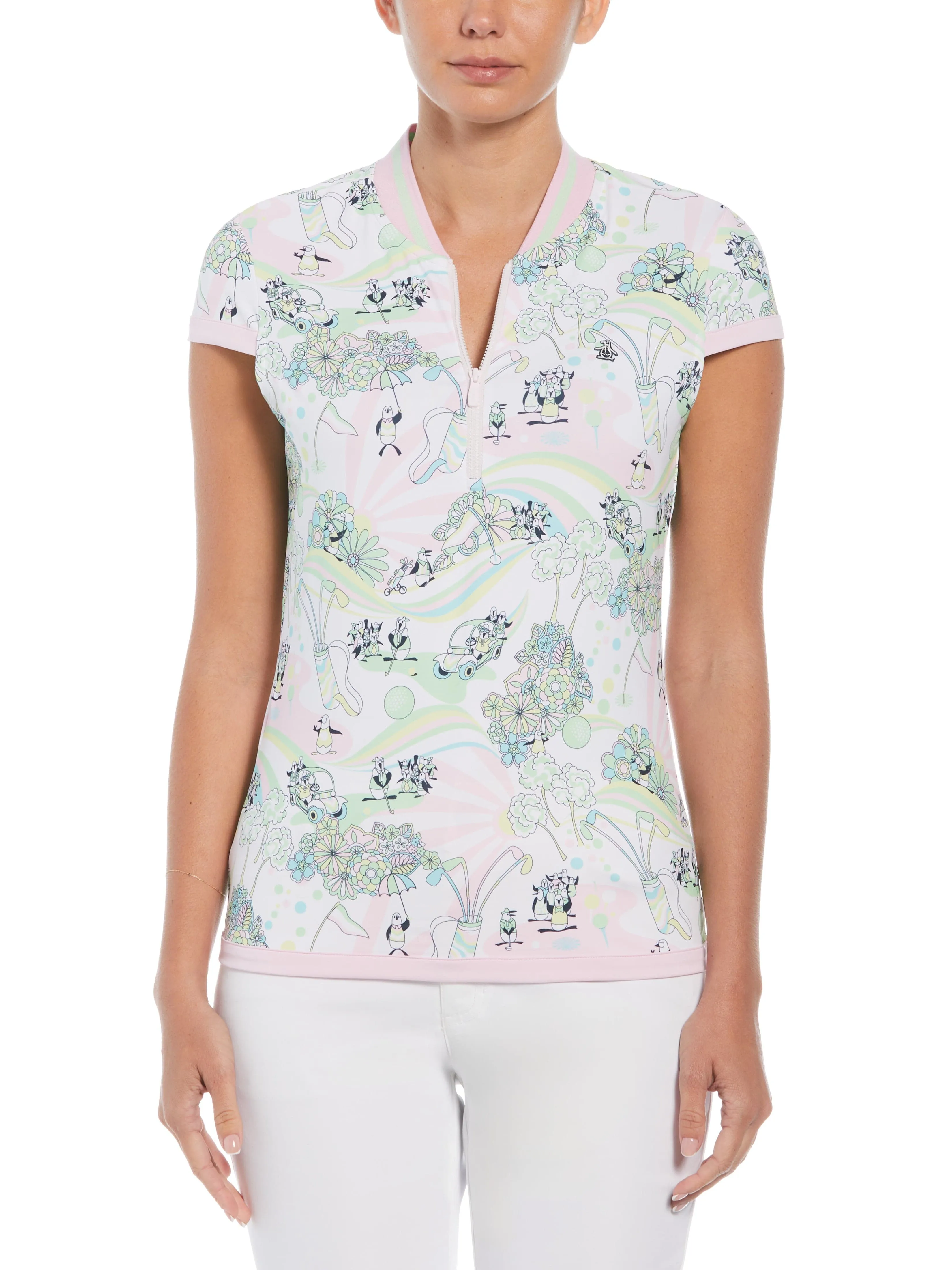 Women's Groovy Pete Print 1/4 Zip Short Sleeve Golf Polo With Ribbed Collar