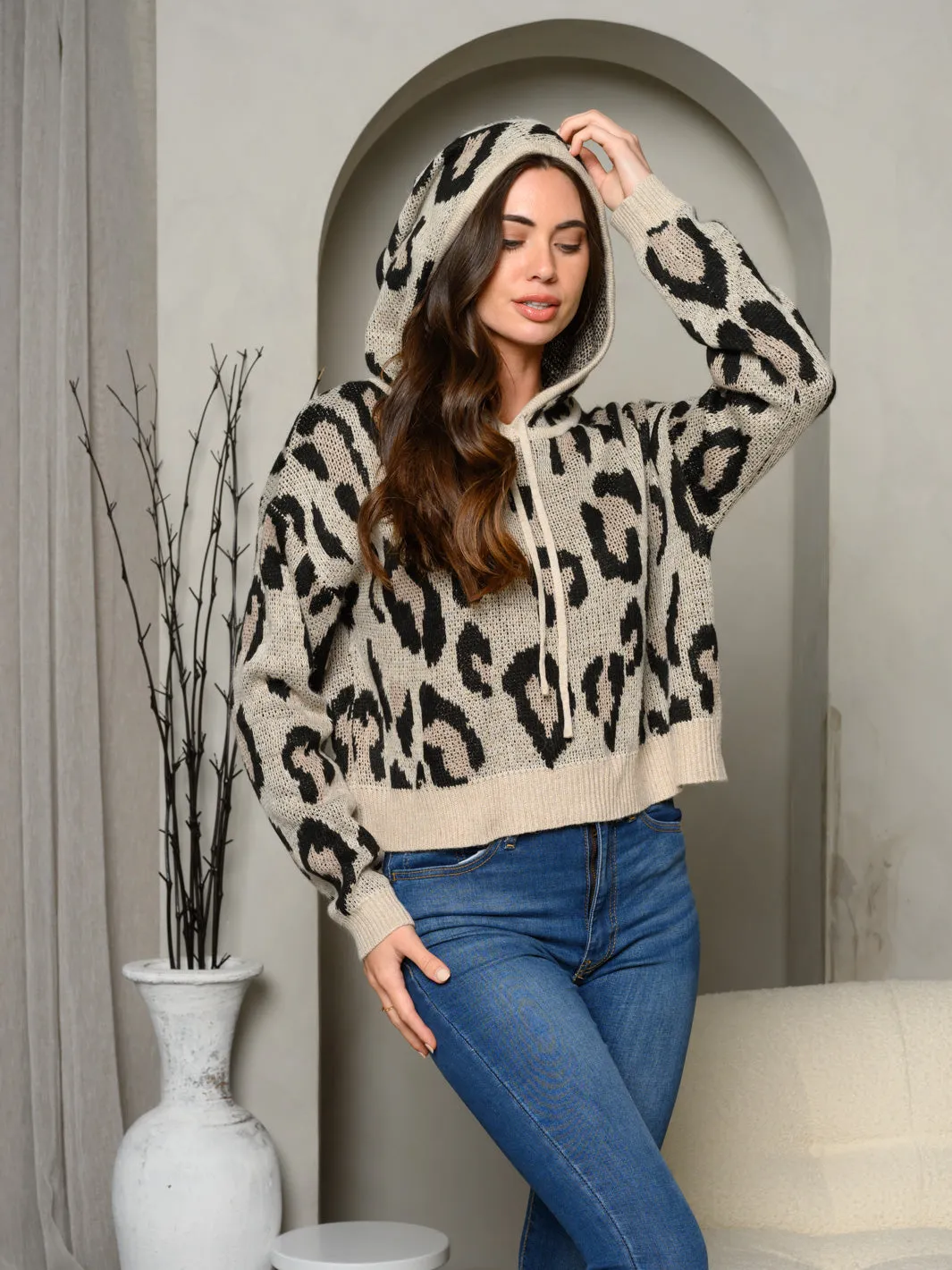 WOMEN'S LONG SLEEVE ANIMAL PRINT PULLOVER HOODIE